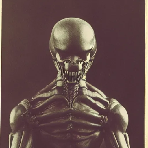 Image similar to photograph of xenomorph by edwardian, male, 1 9 0 0 s, 1 9 1 0 s, grainy, slightly blurry, faded, realistic face