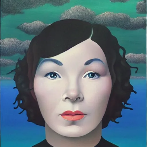 Prompt: very detailed portrait of photorealistic bjork floating above the ocean into a gray skay. painted by rene magritte, 1 9 2 7. oil on canvas.