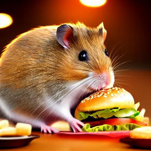 Prompt: a hamster eating a hamburger,photorealiatic,hyperdetailed,hyperrealistic,studio lighting,studio photography,professional photography,professional lighting,detailed face,3 point lighting,4k