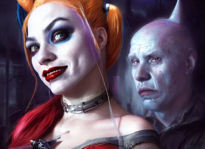 Image similar to highly detailed portrait of a beautiful harley quinn, in batman : arkham asylum, stephen bliss, 8 k, unreal engine, fantasy art by greg rutkowski, loish, rhads, ferdinand knab, makoto shinkai and lois van baarle, ilya kuvshinov, rossdraws, tom bagshaw, global illumination, radiant light, detailed and intricate environment