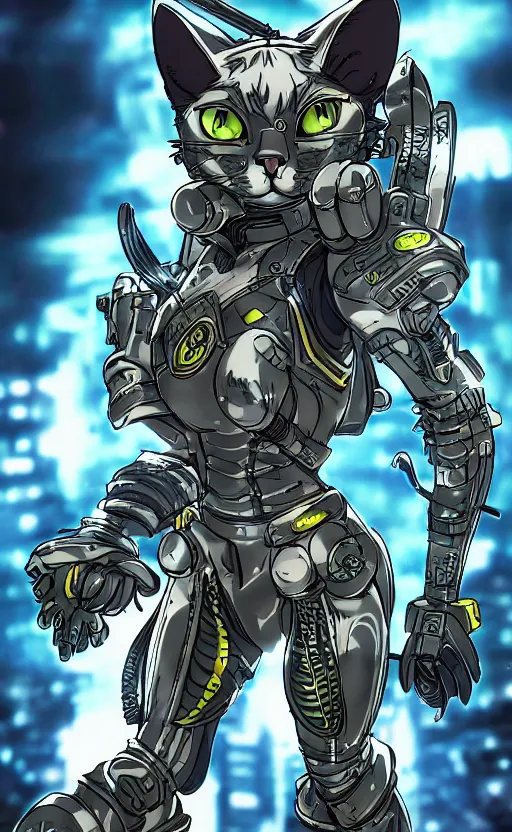 Image similar to portrait of a cat in a battlesuit in the style of masamune shirow 4 k, intricate, highly detailed, cinematic lighting