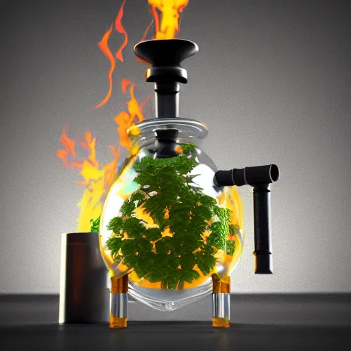 Image similar to beaker bong. cannabis weed nugs, water pipe, fire, smoke, octane render, 8 k, ultra hd, unreal engine 5, ray tracing