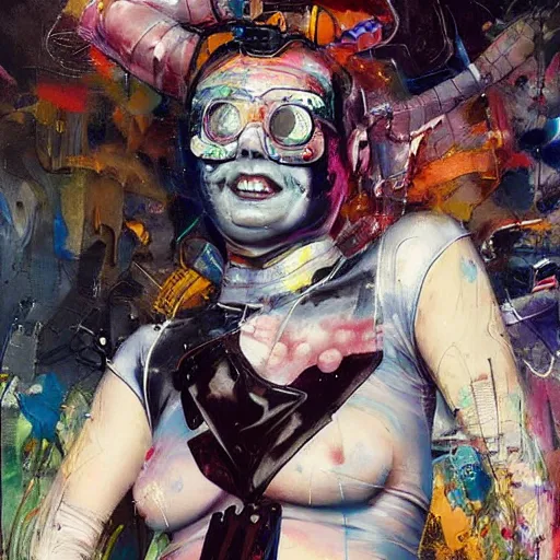 Image similar to grinning woman in a vr headset wearing leather outfit, dynamic energic pose, cyberpunk in the style of adrian ghenie, esao andrews, jenny saville, surrealism, dark art by james jean, takato yamamoto