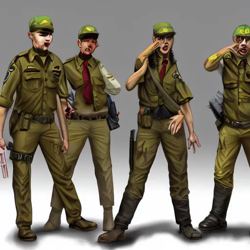 Prompt: zombie ranger officers beige uniform and caps in brutalist concrete office trending on artstation high detail digital painting 4 k 8 k hd accurate glow red