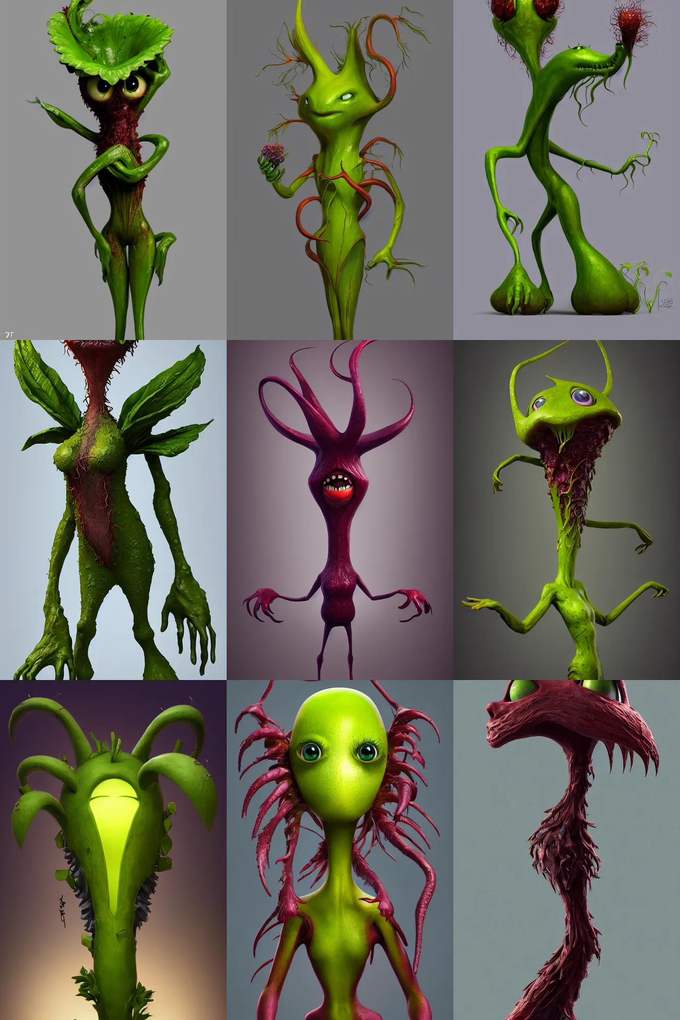 Prompt: anthropomorphic, mutant carnivorous plant, full body, character design by Disney and Pixar, sculpted in zbrush, minimal, dystopian, big eyes with eyelashes,extremely detailed, digital painting, artstation, concept art, volumetric lighting, golden ratio, rule of thirds, fibonacci