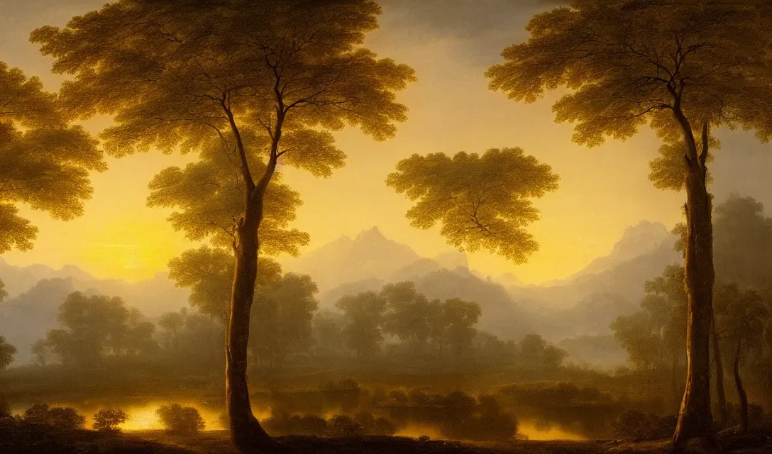 Prompt: a diamond tree forest at sunset, there is golden castle off in the distance, highly detailed landscape painting by claude lorrain but as photography, golden hour, misty ominous atmosphere