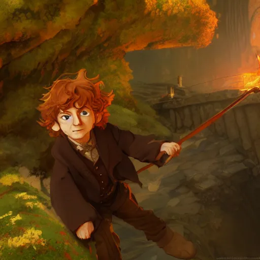 Prompt: bilbo baggins stealing gold from the dragon smaug, highly detailed, digital painting, concept art, sharp focus, by makoto shinkai