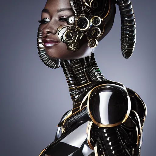 Prompt: beautiful centered fine art photo portrait of beautiful black girl with solarpunk mecha humanoid parts with led lights, sexy serpentine pose gesture, ultra - realistic, white background, highly detailed and intricate, soft box lighting, shallow depth of field hdr 8 k