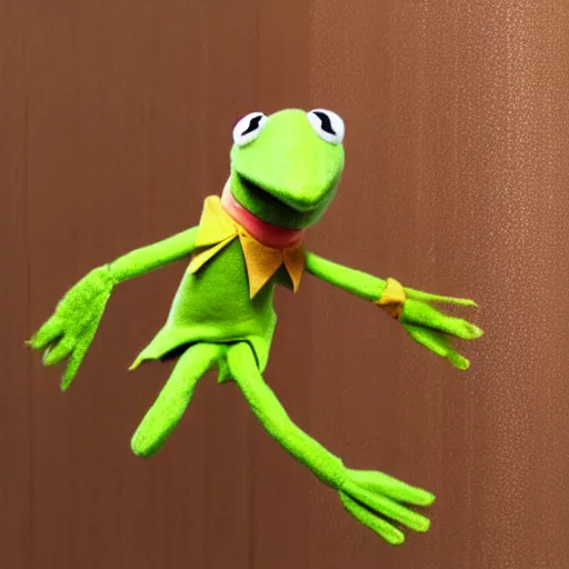 Image similar to kermit meme kermit the frog puppet swinging off a ceiling fan, highly detailed, photo realism, textured puppet, dslr