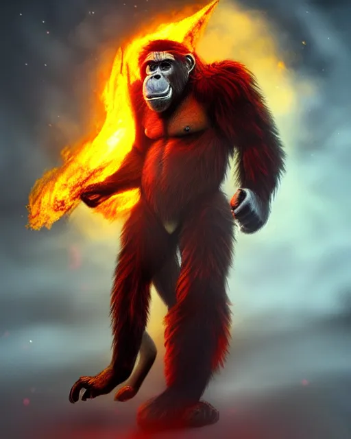 Prompt: fury art, an anthro ape wearing a large cape and a fantasy armor, fire, ice, fiery background, 3 d, 8 k, extremely detailed, trending on furaffinity, trending on artstation, award winning, sharp focus, illustration