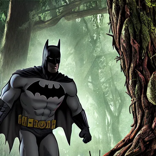 Image similar to batman meets groot in the woods digital art 4 k detailed super realistic