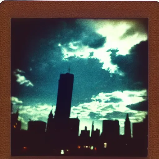 Prompt: instant photograph the night, polaroid, raw, beautiful, nostalgic, light leak, clouds, city