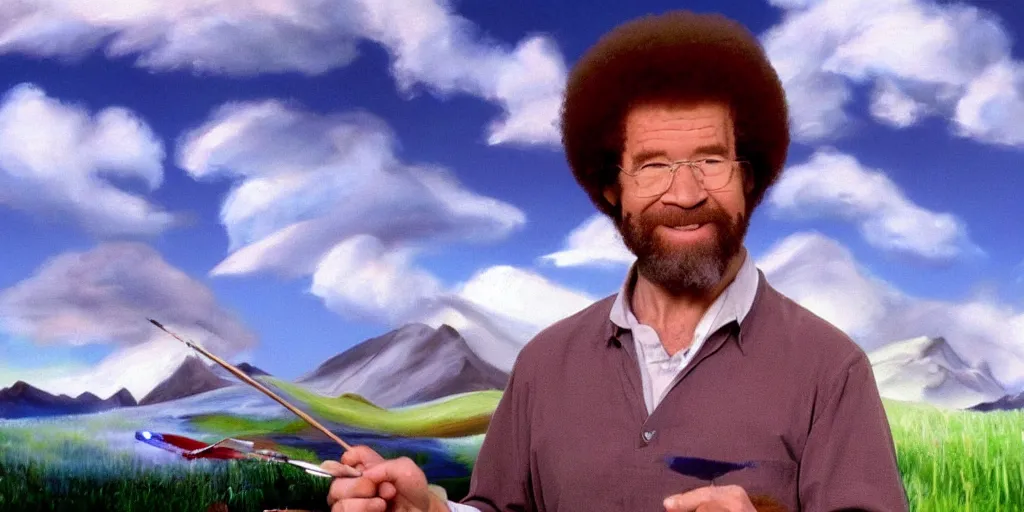 Image similar to a still of Bob Ross painting the windows xp wallpaper