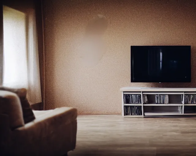 Image similar to Award winning photo of a living room with a TV of a flat abandoned a week ago, 4k, high quality