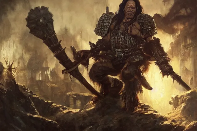 Image similar to A beautiful oil painting of Danny Trejo in Warhammer Vermintide, by Lucas Graciano, Frank Frazetta, Greg Rutkowski, Boris Vallejo, epic fantasy character art, warhammer fantasy, Exquisite detail, post-processing, low angle, masterpiece, cinematic