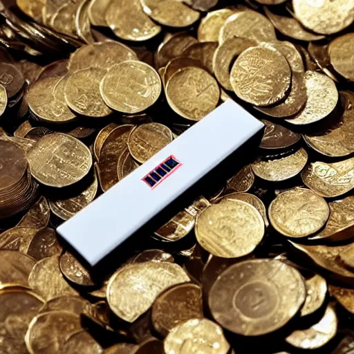 Prompt: a juul, sitting on a pile of gold coins