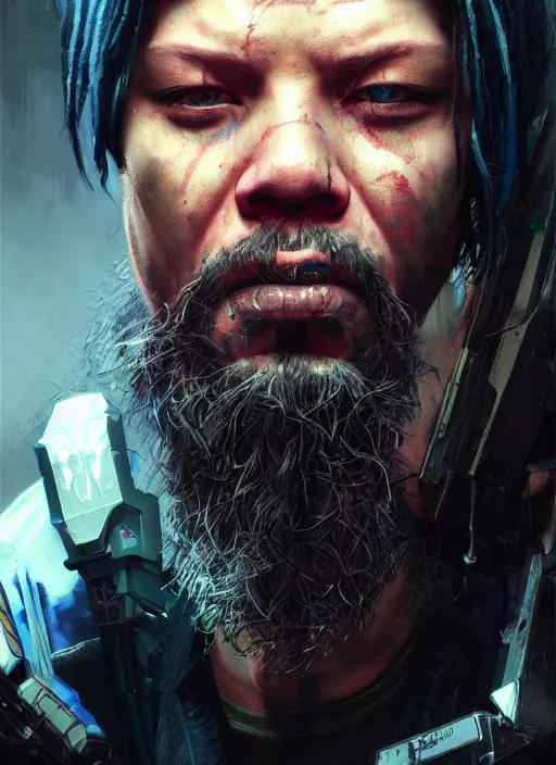 Prompt: portrait of Ivan moody as a homeless character in Cyberpunk 2077, looking at camera, intricate, dystopian, sci-fi, extremely detailed, digital painting, artstation, concept art, smooth, sharp focus, illustration, intimidating lighting, incredible art by artgerm and greg rutkowski and alphonse mucha and simon stalenhag