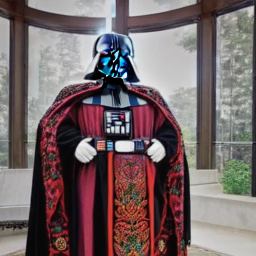 Prompt: a realistic high definition 3 5 mm magazine centerfold full body photograph of an overweight old darth vader. he is wearing a ceremonial outfit made of richly embroidered russian orthodox style robes. natural light in a spaceship setting. dynamic composition and volumetric lighting.