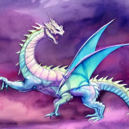 Prompt: mystical pastel dragon, watercolor, fantasy concept art