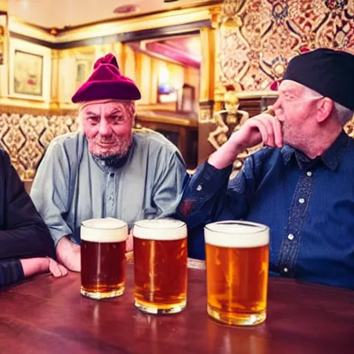 Image similar to the three wise men in period regal clothing in a wetherspoons pub having a pint