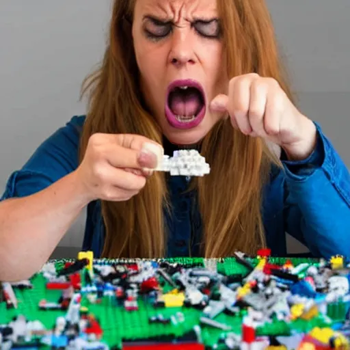 Prompt: Angry woman destroying a lego set