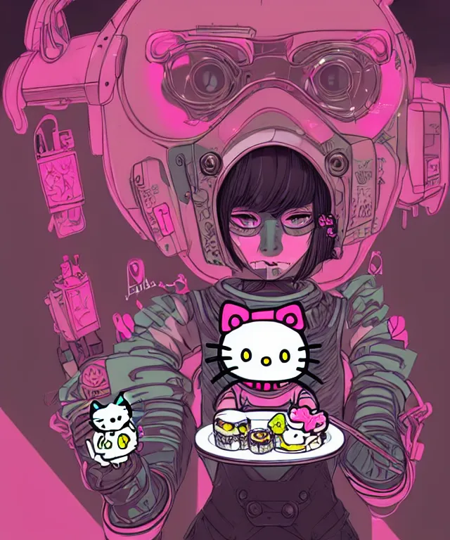 Image similar to a portrait of an anthropomorphic cyberpunk hello kitty eating sushi, cyberpunk!, fantasy, elegant, digital painting, artstation, concept art, matte, sharp focus, illustration, art by josan gonzalez