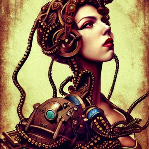 Image similar to lofi underwater bioshock steampunk lovecraft lovecraftian portrait of scarlett johansson, octopus, Pixar style, by Tristan Eaton Stanley Artgerm and Tom Bagshaw.