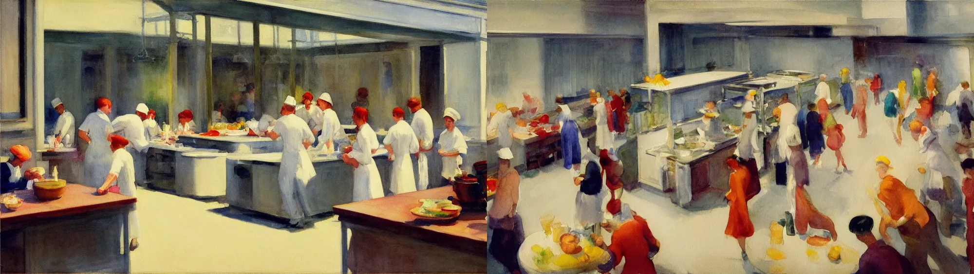 Prompt: high-angle view of busy kitchen and it’s chefs in white uniform, motion blur of people walking, impressionist watercolor, cinematic lighting, by Edward Hopper, overheard camera view of kitchen, by Jean Giraud, white background