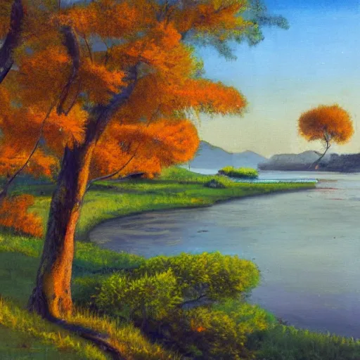 Prompt: a serene landscape of an island with tangerine trees, beside a river