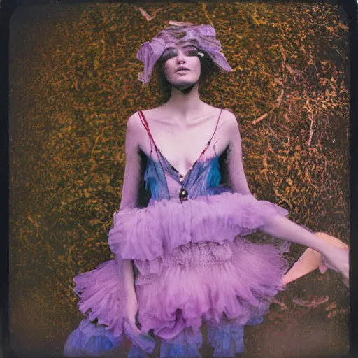 Prompt: kodak portra 4 0 0, wetplate, photo of a surreal artsy dream scene,, girl, weird fashion, grotesque, extravagant dress, photographed by paolo roversi style