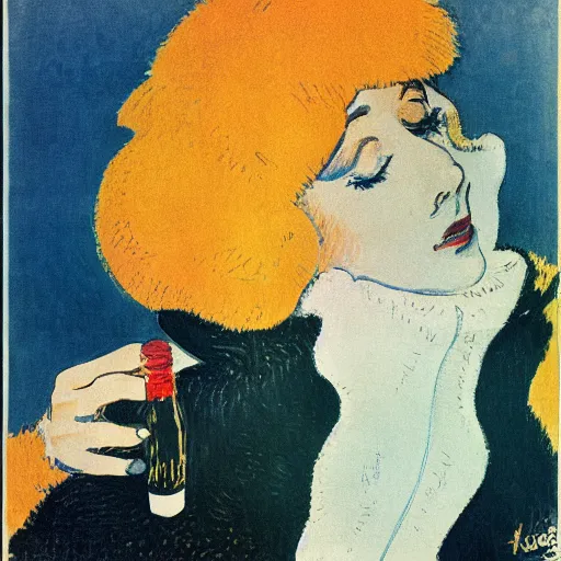 Prompt: a woman in a parka drinking a bottle of coka - cola in an icy polar environment, advertisement, 1 9 6 0's, by henri toulouse lautrec