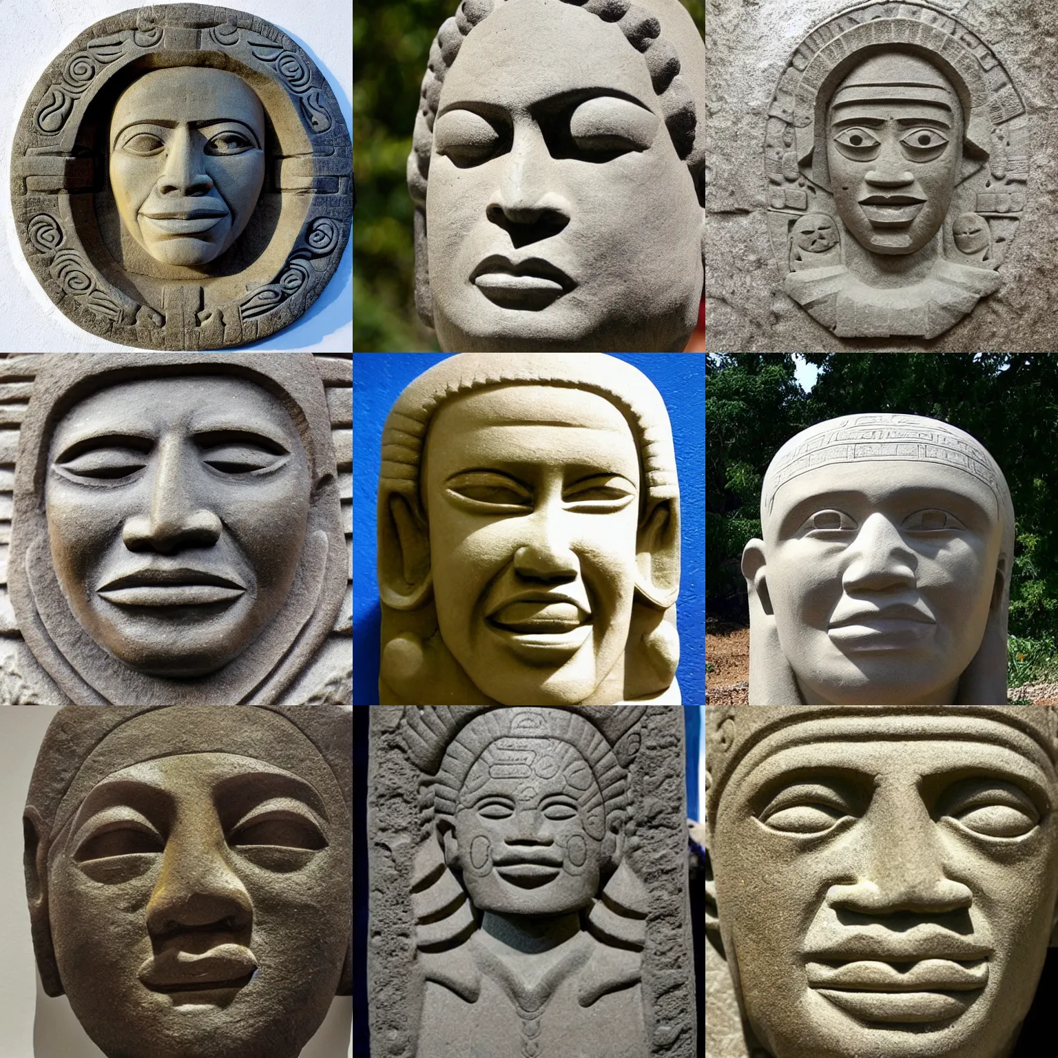 Prompt: obama's face statue. mesoamerican stone carving. embossed stone relief. photo.