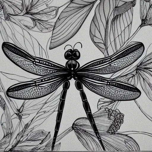 Image similar to dragonfly, black and white, botanical illustration, black ink on white paper, bold lines