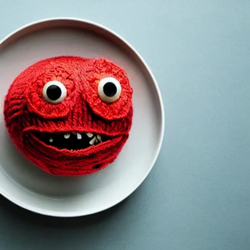 Prompt: a bowl of soup that looks like a monster, all as knitted yarn