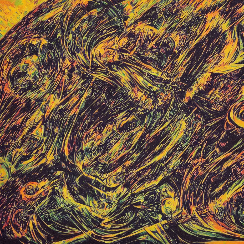 Prompt: the krebs cycle by Dan Mumford and Umberto Boccioni, acrylic on canvas