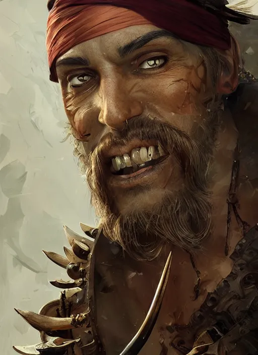 Image similar to a professional digital painting of a pirate with many sets of razor teeth, beautiful bone structure, symmetrical facial features, intricate, elegant, concept art, sharp detail, focused, illustration, smooth render, art style by Ruan Jia and Mandy Jurgens and Ian Spriggs and William-Adolphe Bouguerea