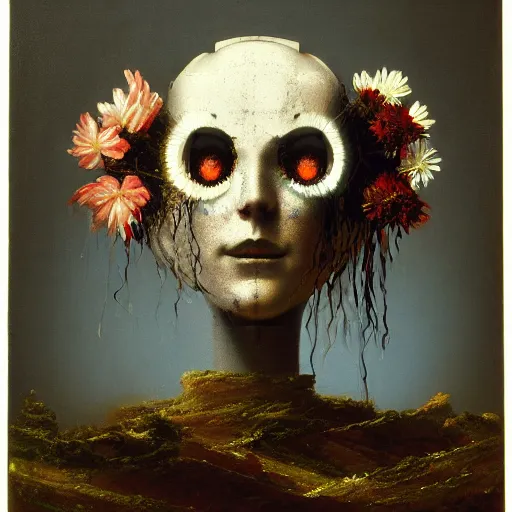 Image similar to a painting by thomas cole of a white robot head with flowers growing out, highly detailed, color bleeding, pixel sorting, plain black background, studio lighting, high contrast, bold composition, abstract paint color splotches