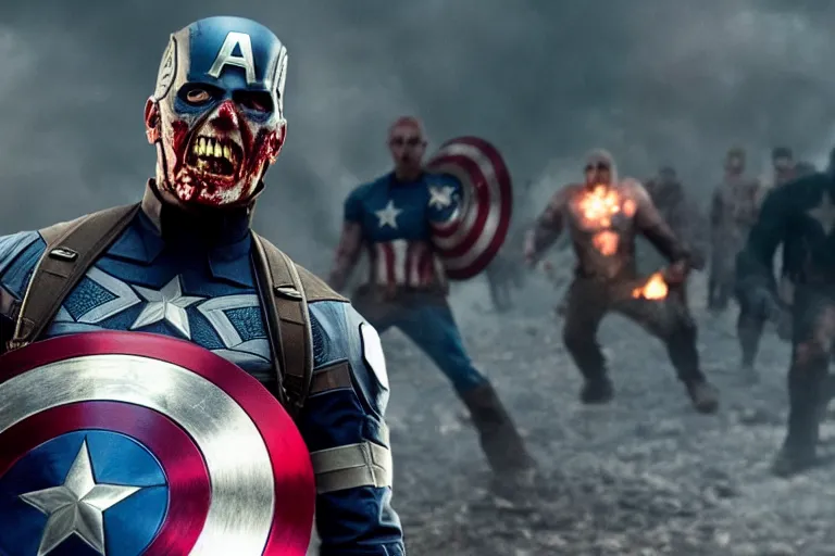 Image similar to film still of zombie Captain America in new avengers movie, 4k