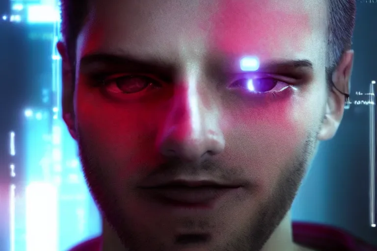 Image similar to VFX movie of a cyberpunk hacker closeup portrait in high tech compound, beautiful natural skin neon lighting by Emmanuel Lubezki