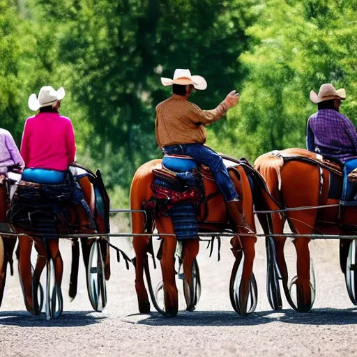 Image similar to Western, people on horses with wheels instead of legs