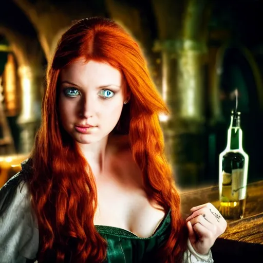 Image similar to beautiful bar maid with auburn hair and green eyes, in a medieval tavern at night, dramatic, cinematic, filmic