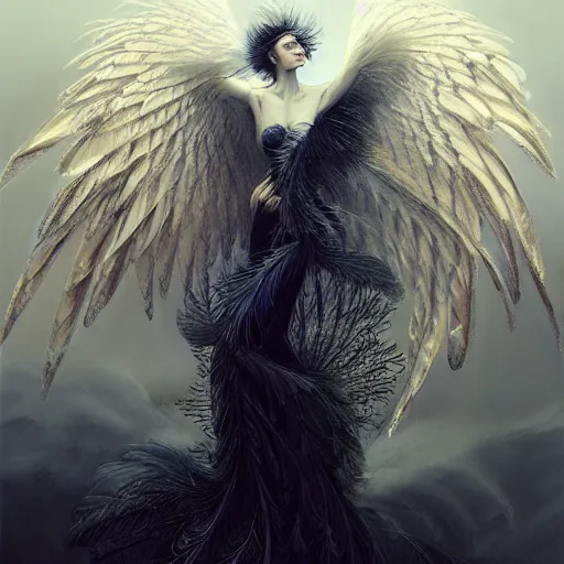 Prompt: transforming into a feathered bird, covered in feathers, wings, flight, surreal, fantasy, intricate, elegant, dramatic lighting, emotional, symbolic metaphor, highly detailed, lifelike, photorealistic, digital painting, artstation, concept art, smooth, sharp focus, illustration, art by John Collier and Krenz Cushart and Artem Demura and Alphonse Mucha and Albert Aublet