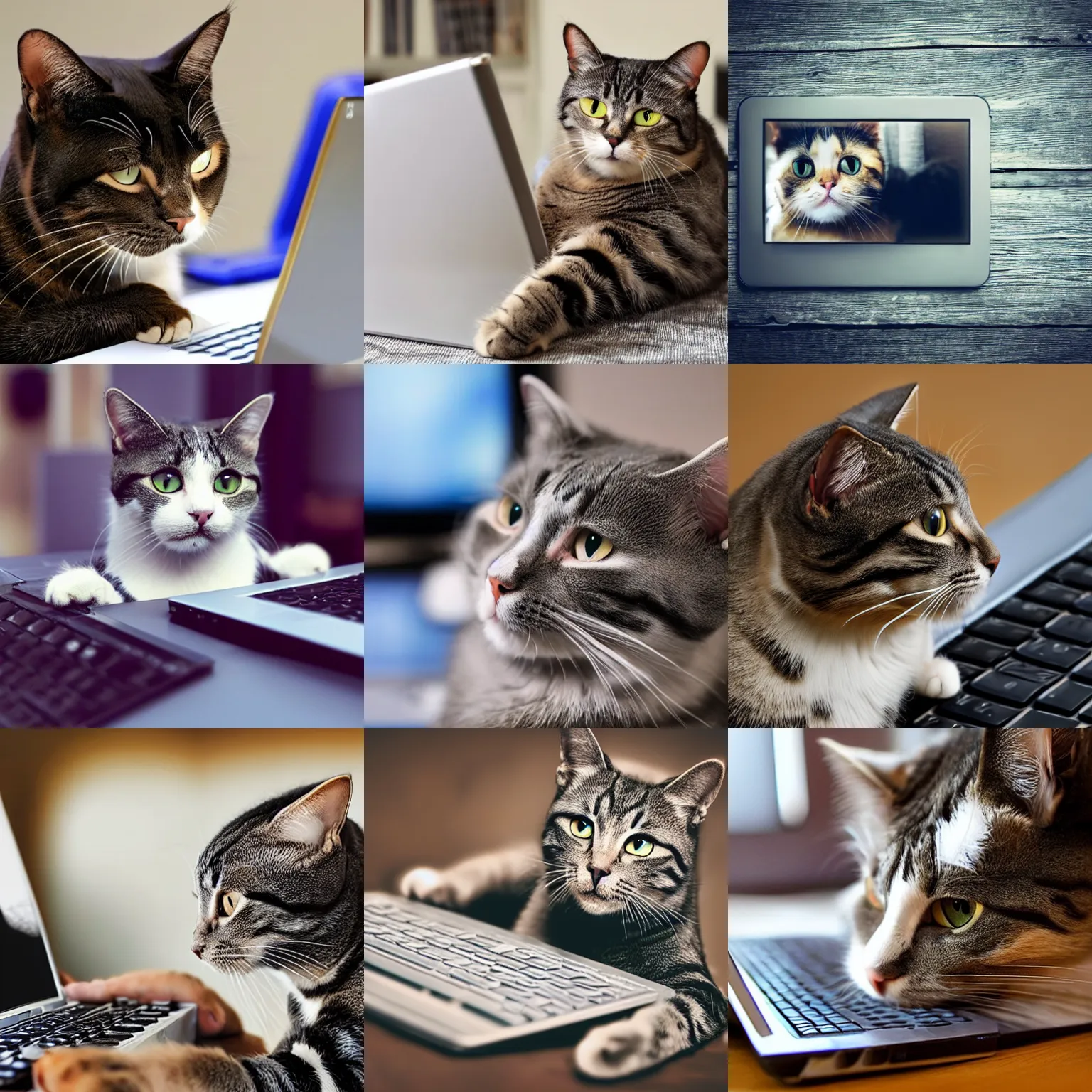 Prompt: a cat using a computer, realistic, photo