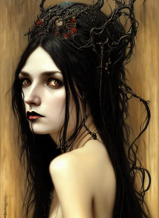 Image similar to portrait of a exquisite beautiful vampire girl with long elegant tangles of black hair, beautiful piercing eyes, gothic fog ambience, hyper realistic head, fantasy victorian art, in the style of greg rutkowski, zdizslaw beksinski, intricate, alphonse mucha, hyper detailed, smooth