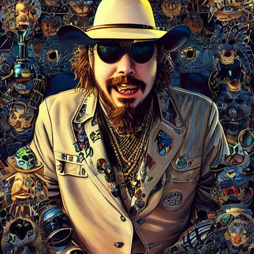 Prompt: portrait of crazy post malone with round digital sunglasses and cowboy hat, symmetrical, by yoichi hatakenaka, masamune shirow, josan gonzales and dan mumford, ayami kojima, takato yamamoto, barclay shaw, karol bak, yukito kishiro