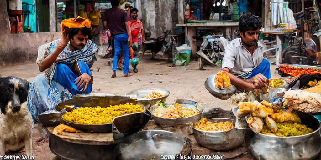 Image similar to indian street food vendor making food for customers while stray dogs eagerly await their turn