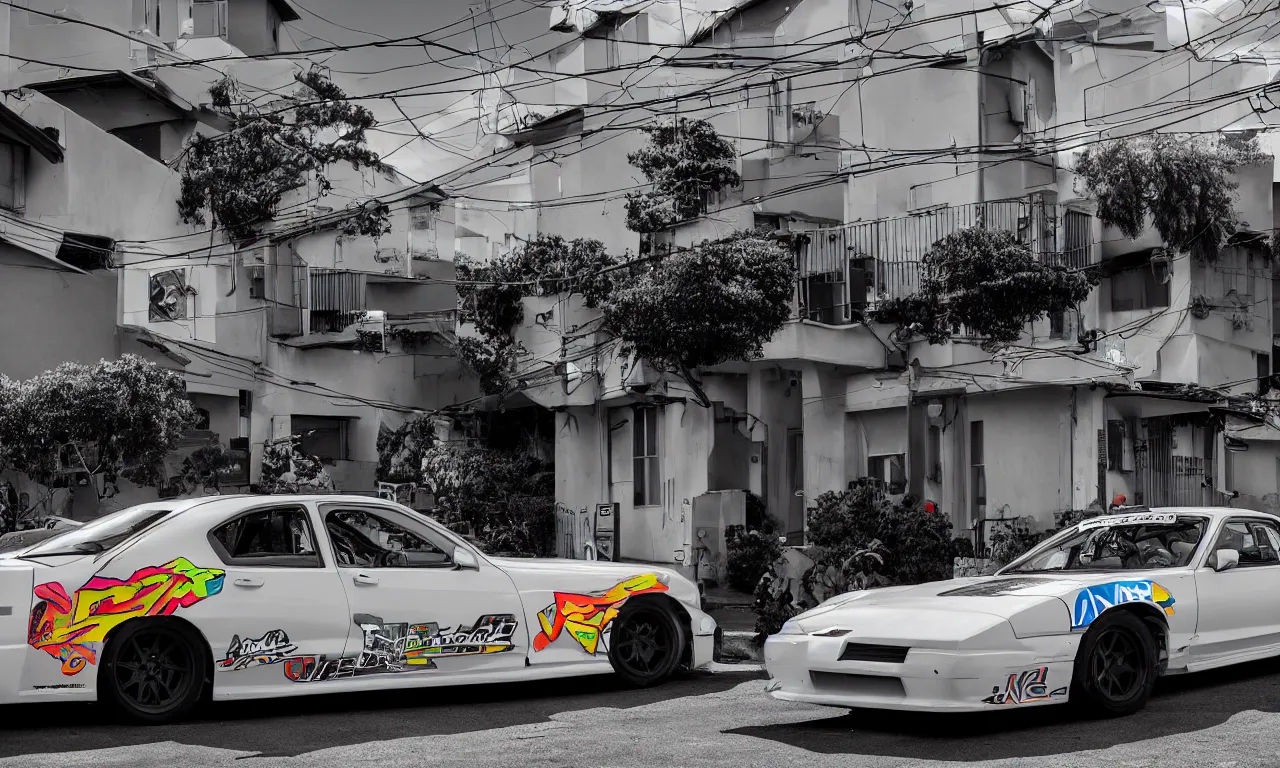 Image similar to fujifilm 8 k 1 4 0 mm photograph of nge street racer car parked in sunny santa cruz neighborhood, leica 8 k photograph of minimalist 9 0's need for speed street racer car made out of neon genesis evangelion angel metal parts