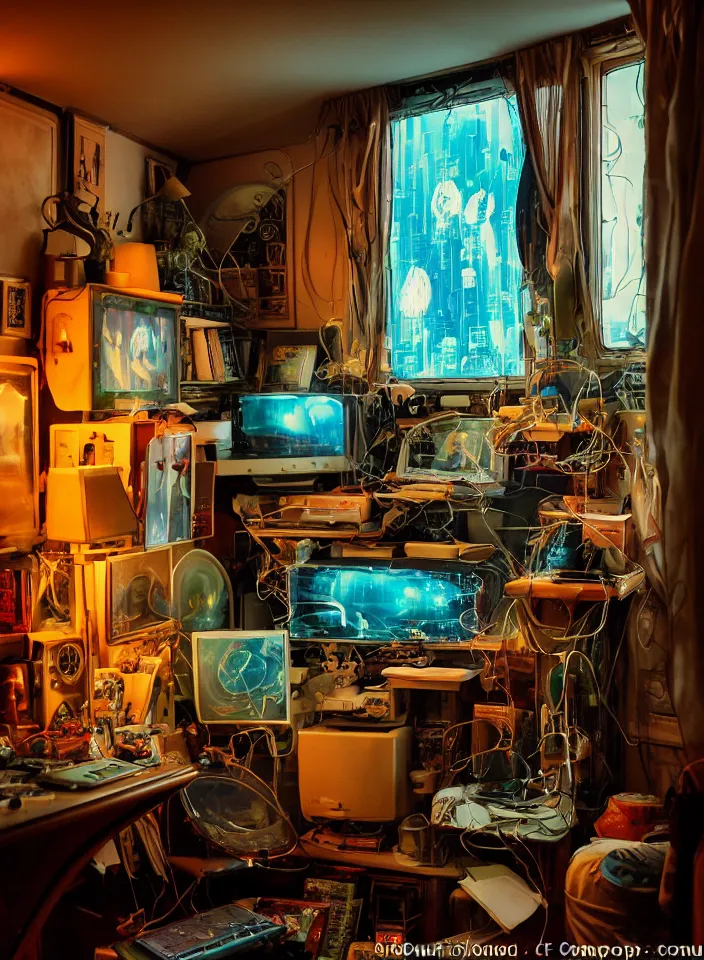 Prompt: telephoto 7 0 mm f / 2. 8 iso 2 0 0 photograph depicting the feeling of chrysalism in a cosy ( cluttered ) french sci - fi ( ( art nouveau ) ) cyberpunk apartment in a dreamstate art cinema style. ( ( computer screens, window rain, sink ( ( ( fish tank ) ) ) ) ), ambient light.