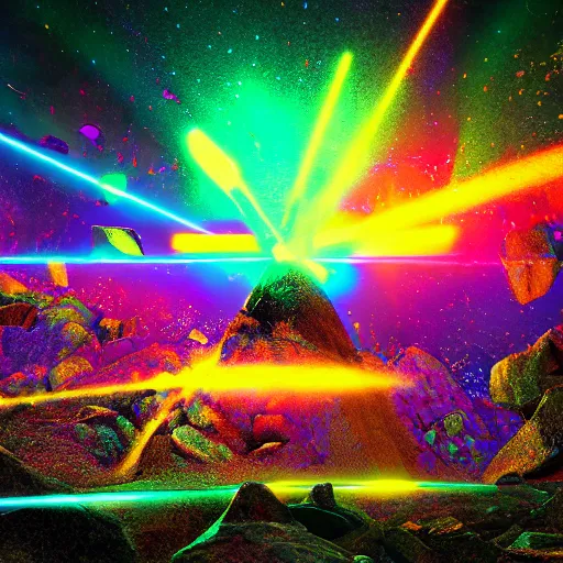 Prompt: the georgia guide stones being disintegrated by a laser beam, 8 k, trending on artstation, psychedelic art, synthwave art, glitchcore art, detailed, orange, purple, cyan