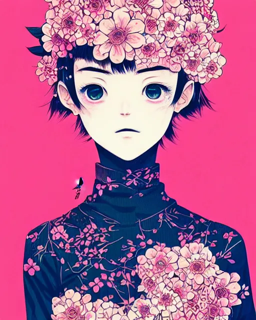 Prompt: girl next to floral bomb, detailed manga illustration!! intricate details, beautiful perfect face, perfect body, aesthetically pleasing pastel colors, poster background, aesthetic details, art by conrad roset and ilya kuvshinov